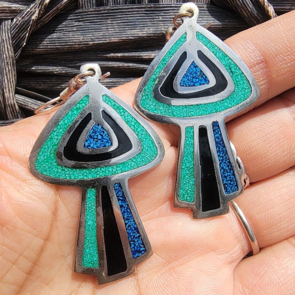 Vintage Alpaca crushed blue and green stone black enamel silver large earrings